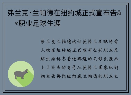 弗兰克·兰帕德在纽约城正式宣布告别职业足球生涯